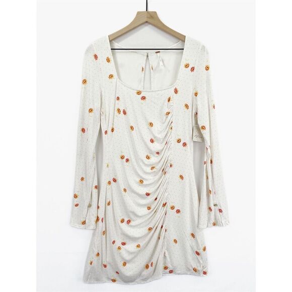 Free People Dress Womens Medium White Orange Floral Boho Peasant Fairy NWT - Picture 3 of 16